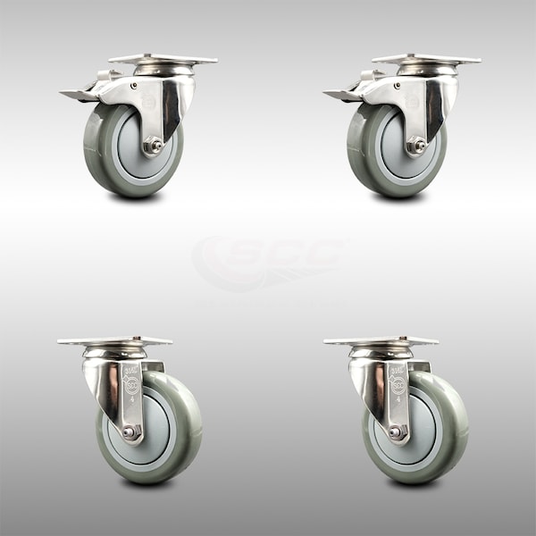 4 Inch 316SS Gray Polyurethane Wheel Swivel Top Plate Caster Lock Brakes, 2PK